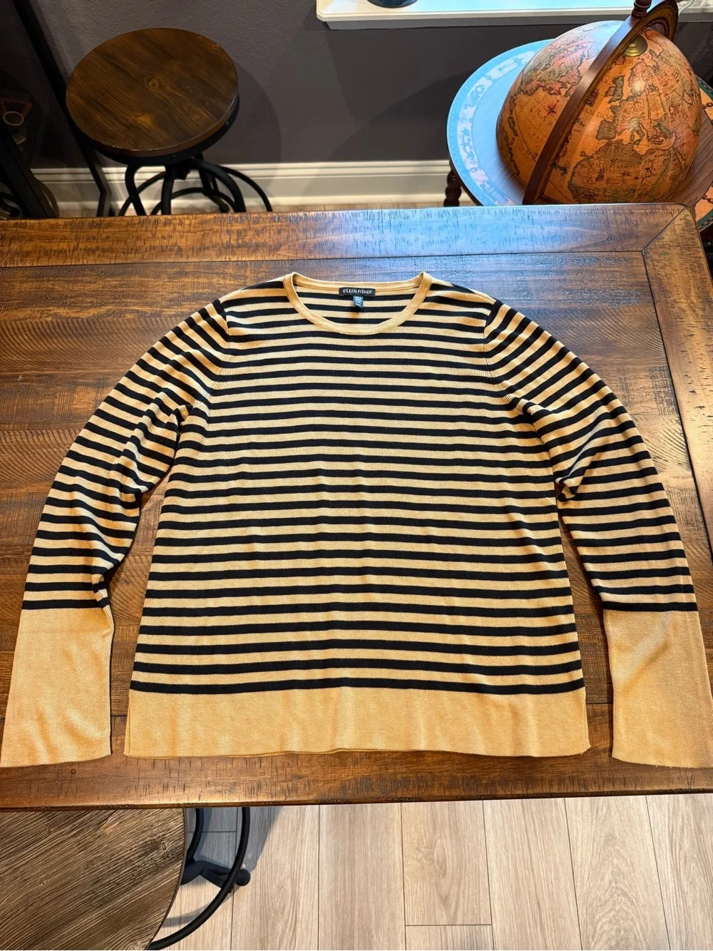 Eileen Fisher Tencel Silk Striped Pullover Sweater Medium Clay Tan Black